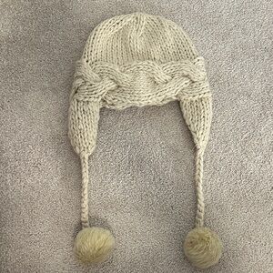 Forever 21 Cream Knit Hat with Pom Poms